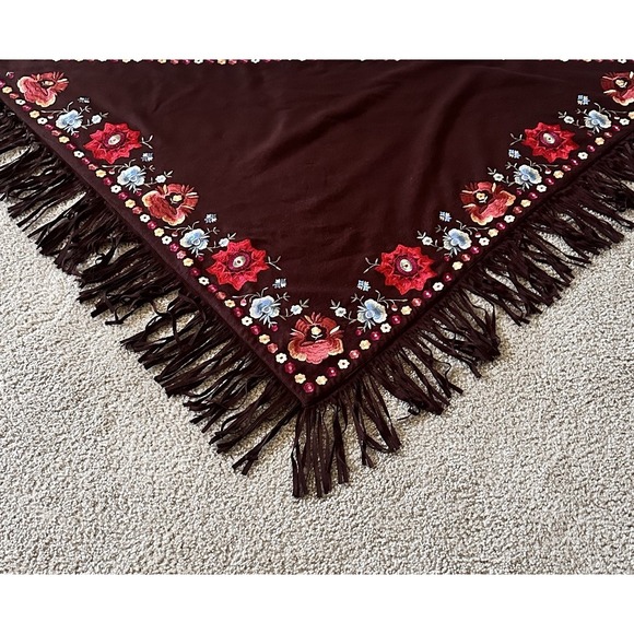 Wrap London Accessories - Vintage Embroidered Piano Shawl Cashmere Blend Floral Brown Boho Gypsy‎ Wrap